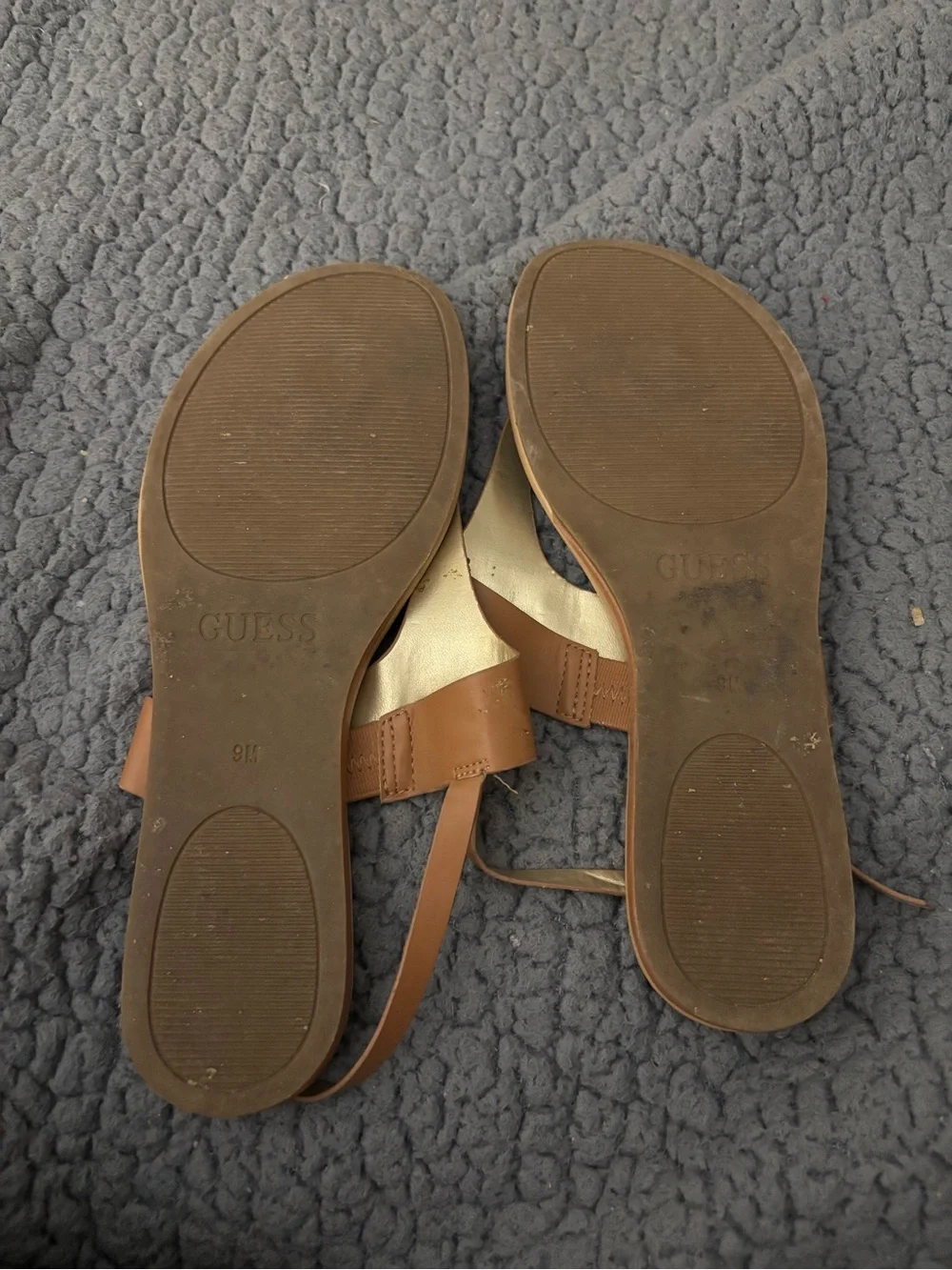 GUESS Brown and Gold Leather Thong Sandals for Women